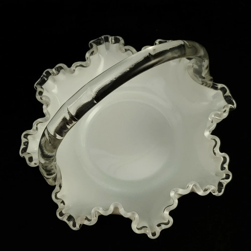 Fenton Silver Crest Brides Basket Ruffled Milk Glass Clear Glass Handle 8